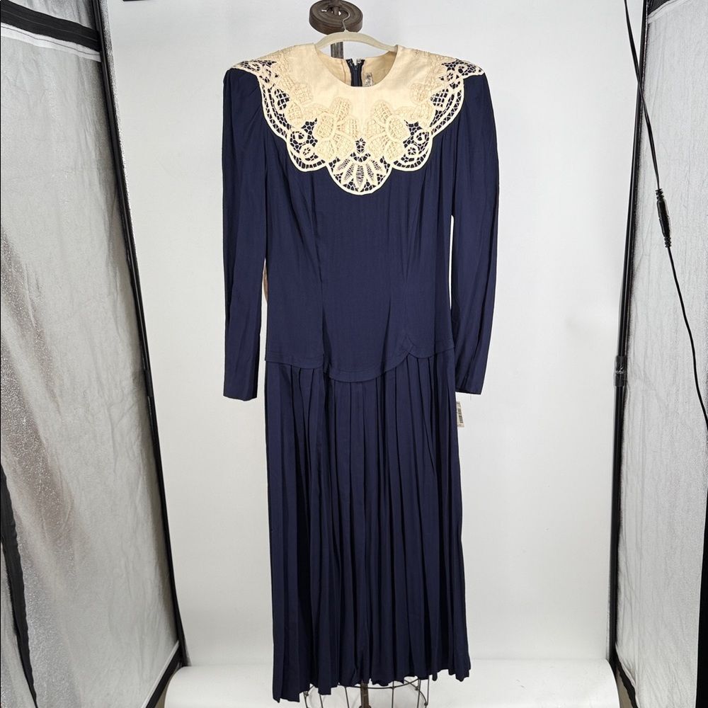 Marie St Claire Dress Wm 14 Vintage Blue 80s Crochet Collar Victorian Style